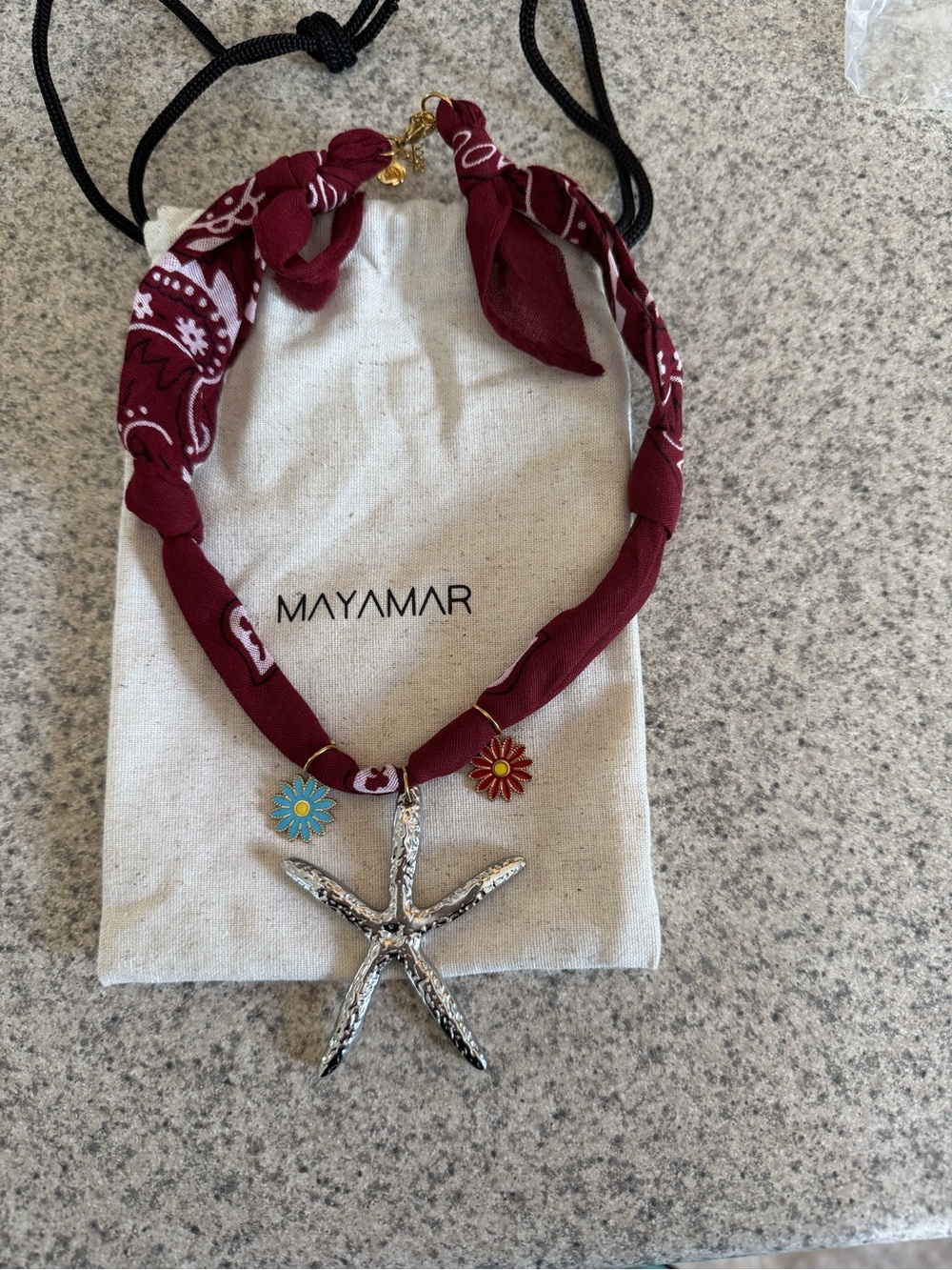 Mayamar Burgundy Bandana Necklace with Silver Starfish Charm
